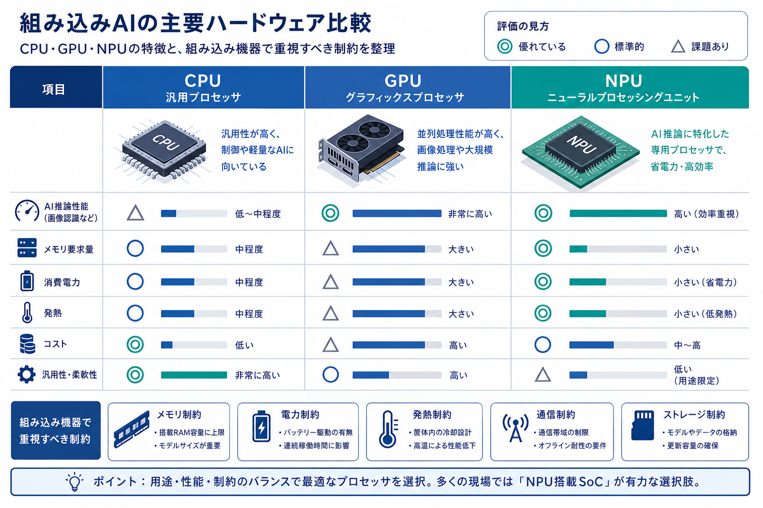 CPU・GPU・NPUとハード制約の関係を示す図