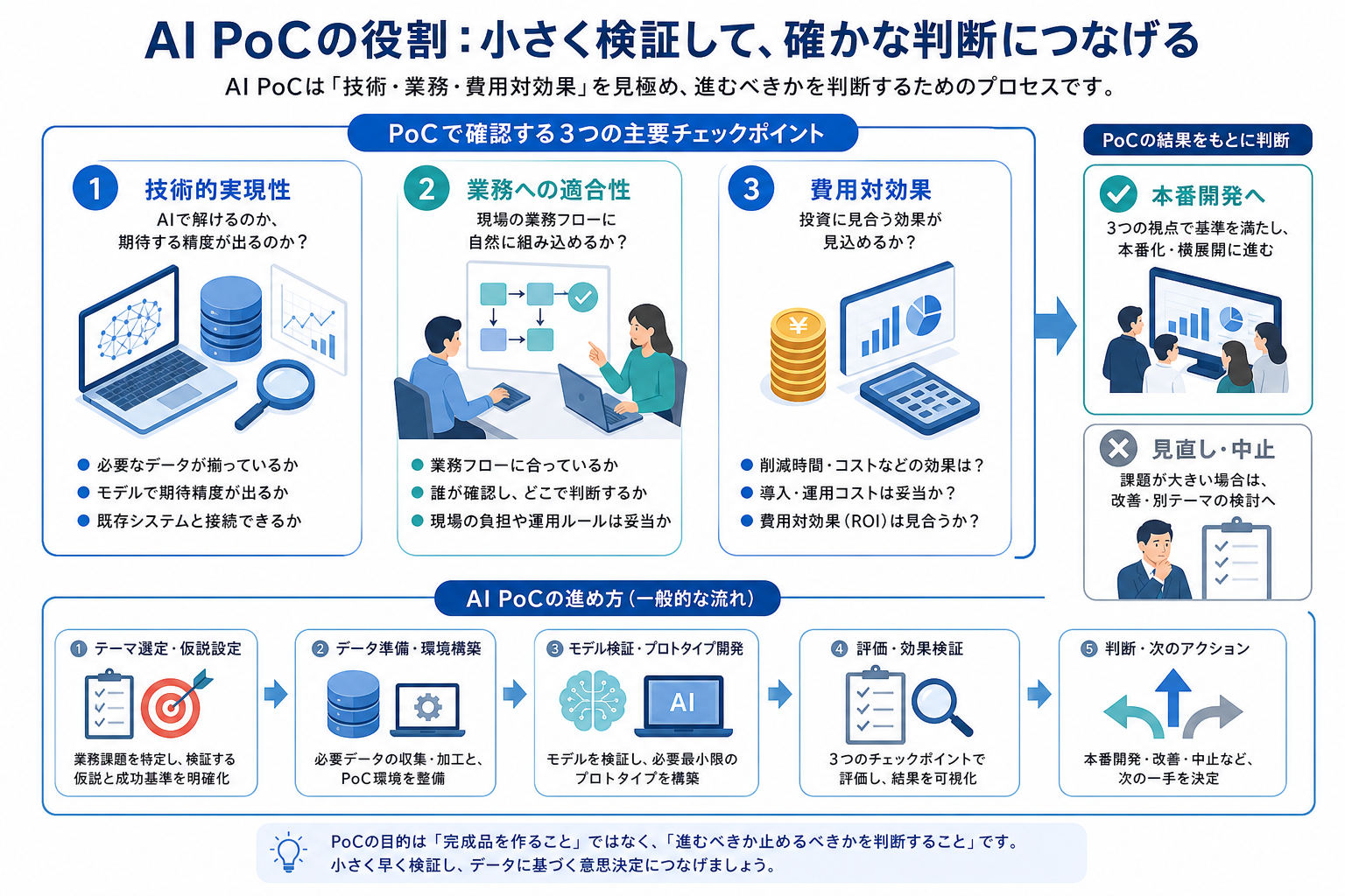 AI PoCで確認すべき技術・業務・費用対効果の3要素を示す図