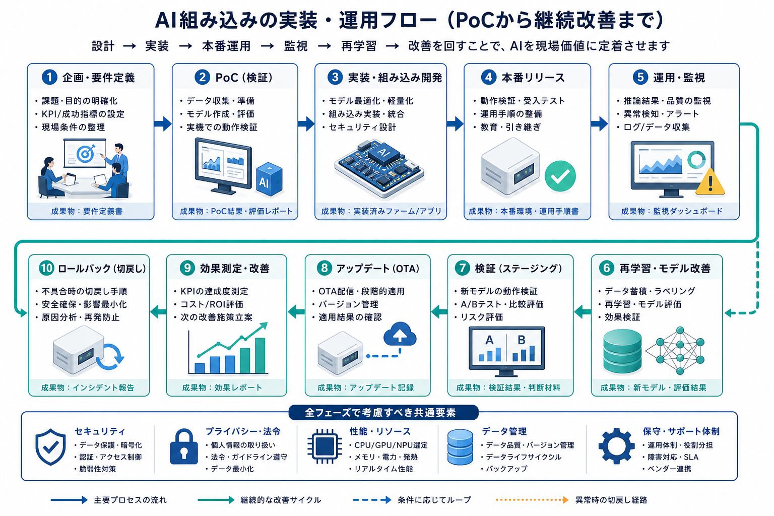 AI組み込みの本番運用と改善フローを示す図