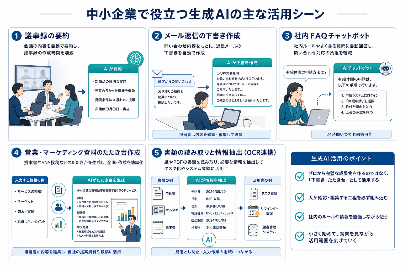 中小企業で生成AIを活用しやすい業務例のイメージ