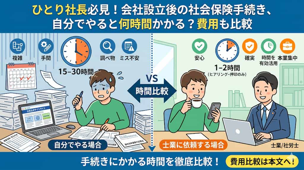 ひとり社長必見！会社設立後の社会保険手続き、自分でやると何時間かかる？費用も比較