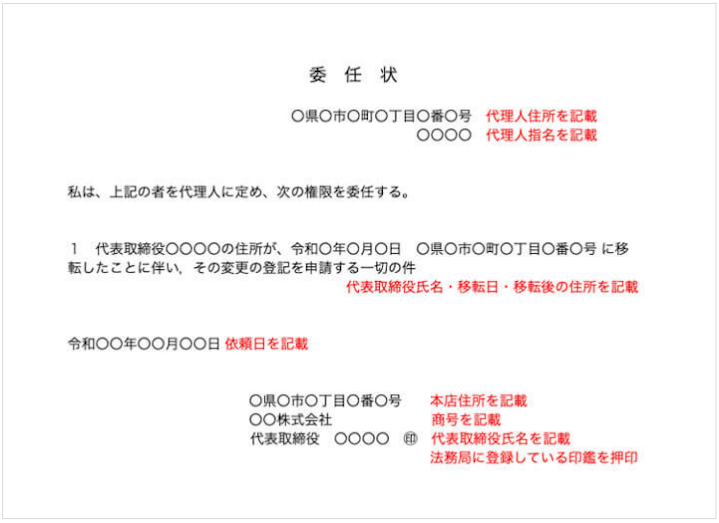 代表取締役の住所変更登記申請時の委任状