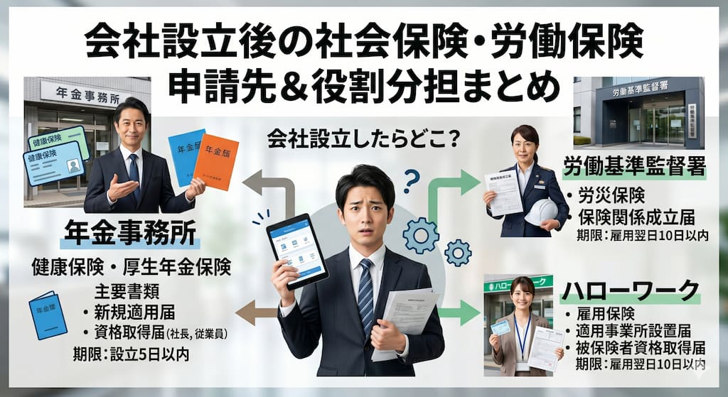 会社設立したら社会保険はどこに申請？年金事務所とハローワークの役割分担まとめ