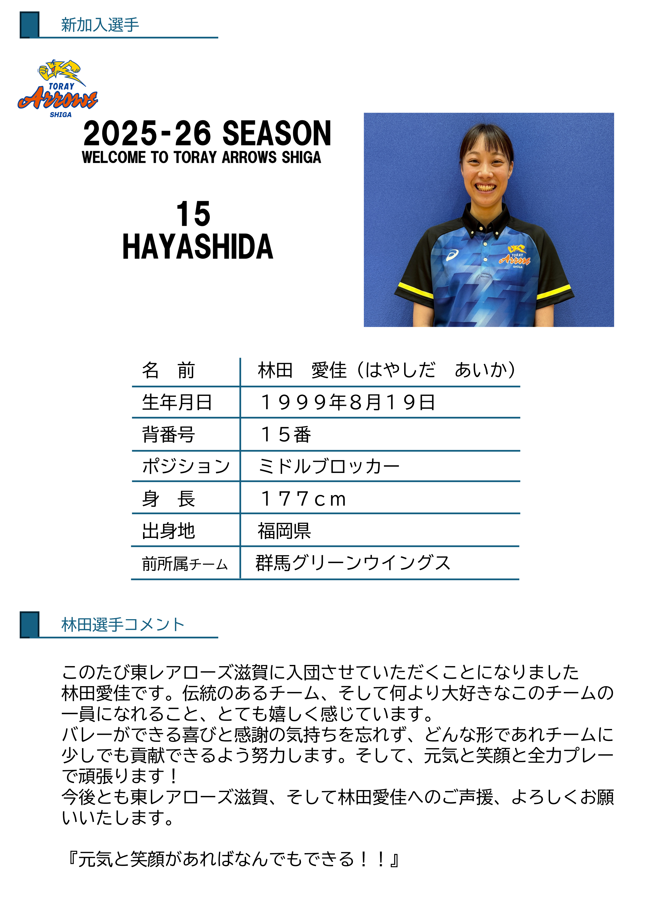 新加入選手のお知らせ | お知らせ | 東レアローズ滋賀 | TORAY