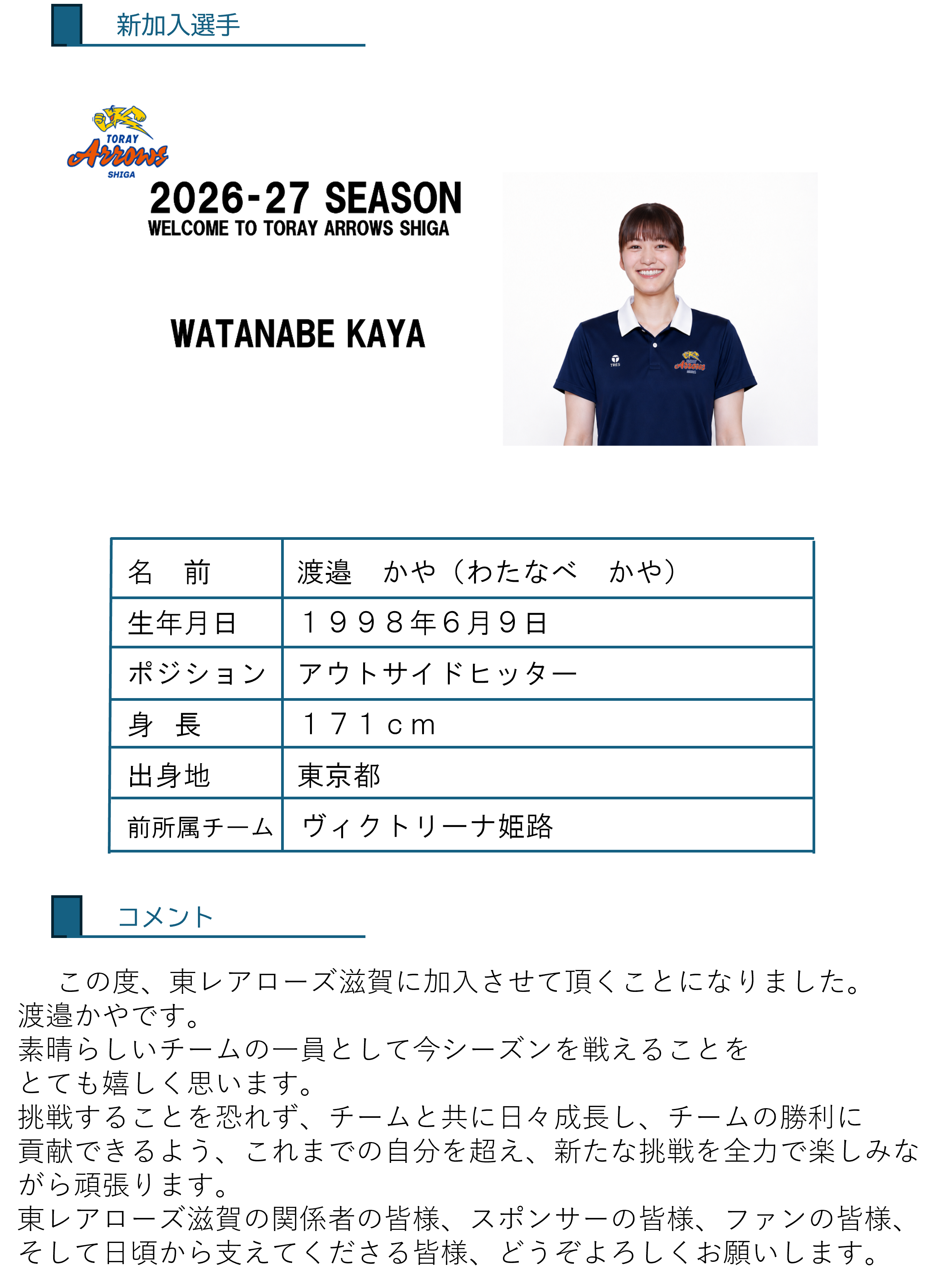 新加入選手・スタッフのお知らせ | お知らせ | 東レアローズ滋賀 | TORAY