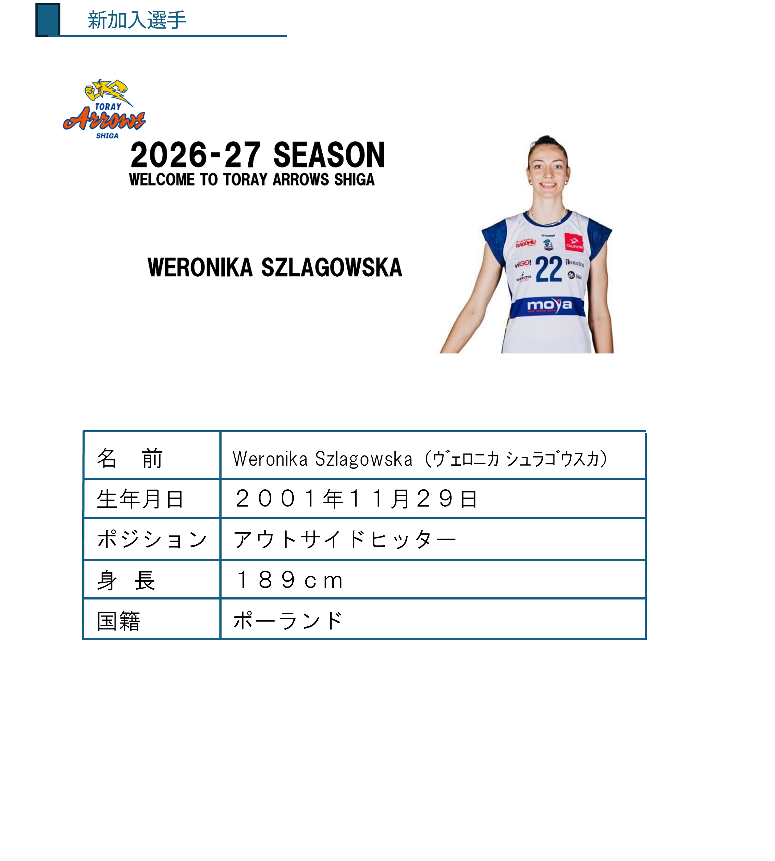 新加入選手・スタッフのお知らせ | お知らせ | 東レアローズ滋賀 | TORAY