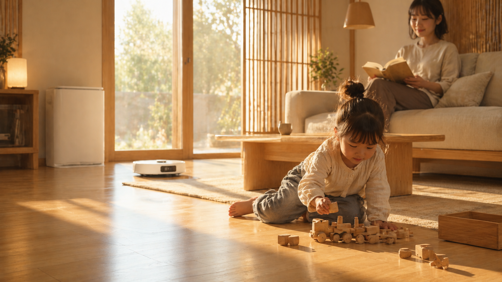ロボット掃除機が稼働する清潔な日本のリビング