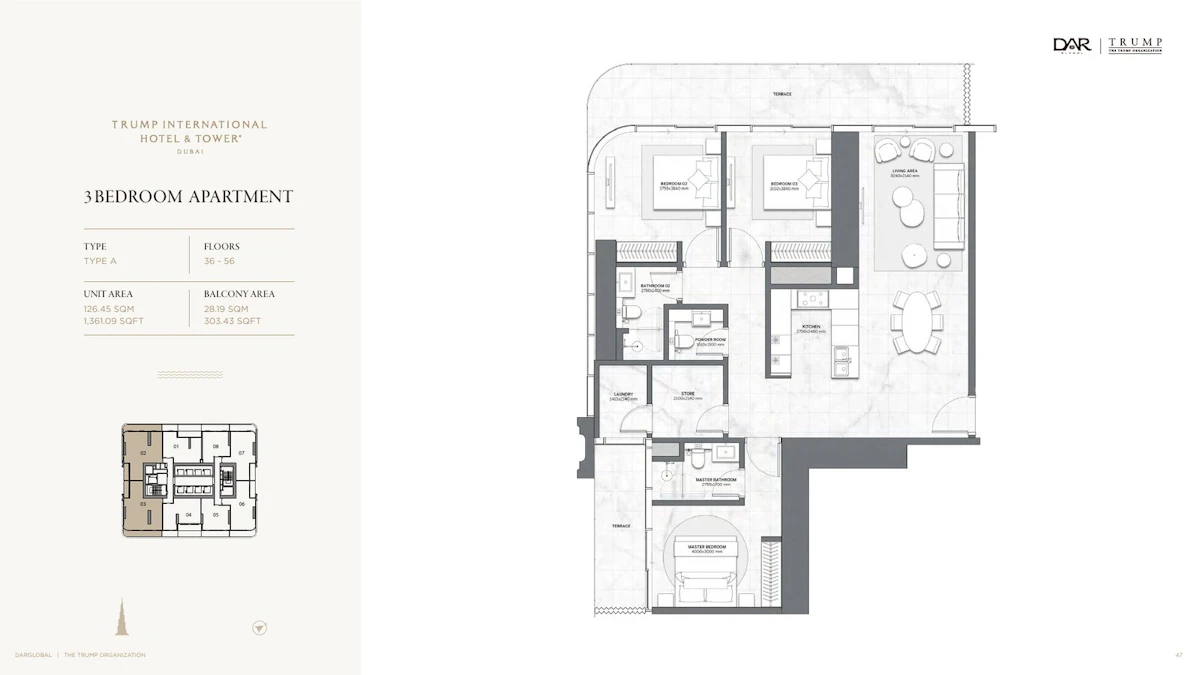 Trump International Hotel & Tower Dubai 3BR 間取り図