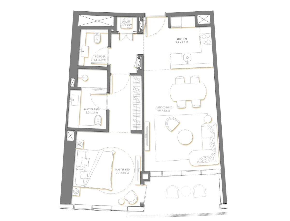 Palm Beach Towers-3 1BR 間取り図