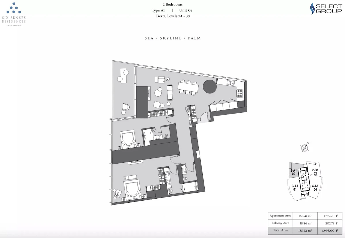 Six Senses Residences Dubai Marina 2BR 間取り図