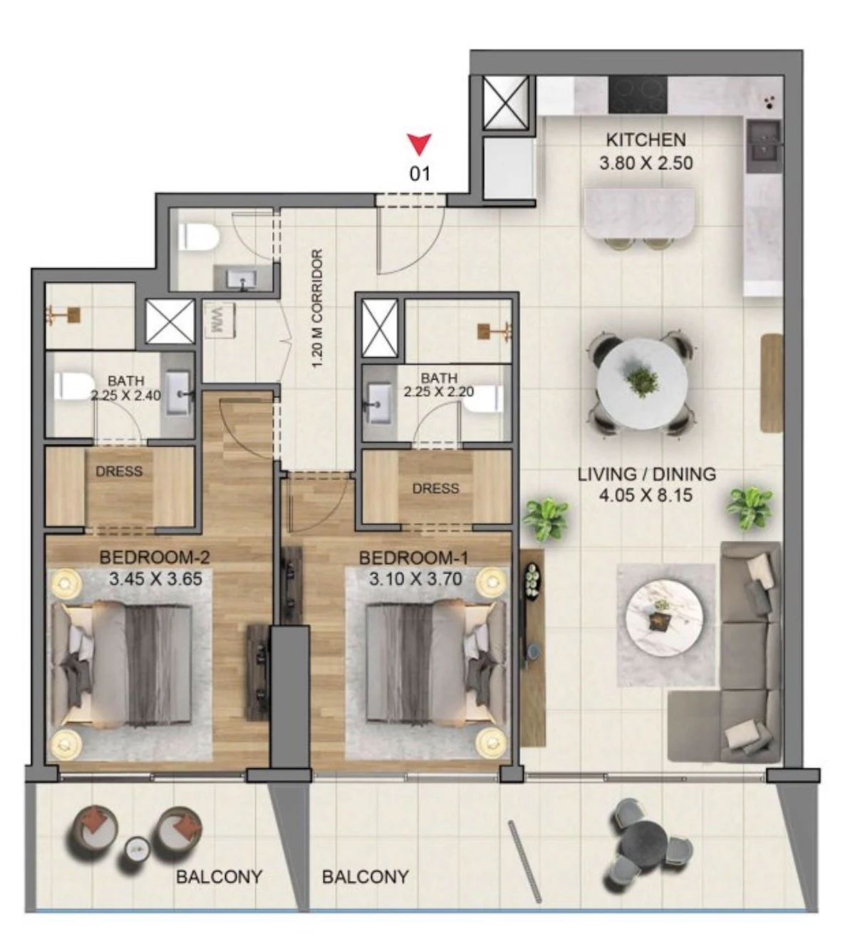 Marriott Residences JLT 2BR 間取り図