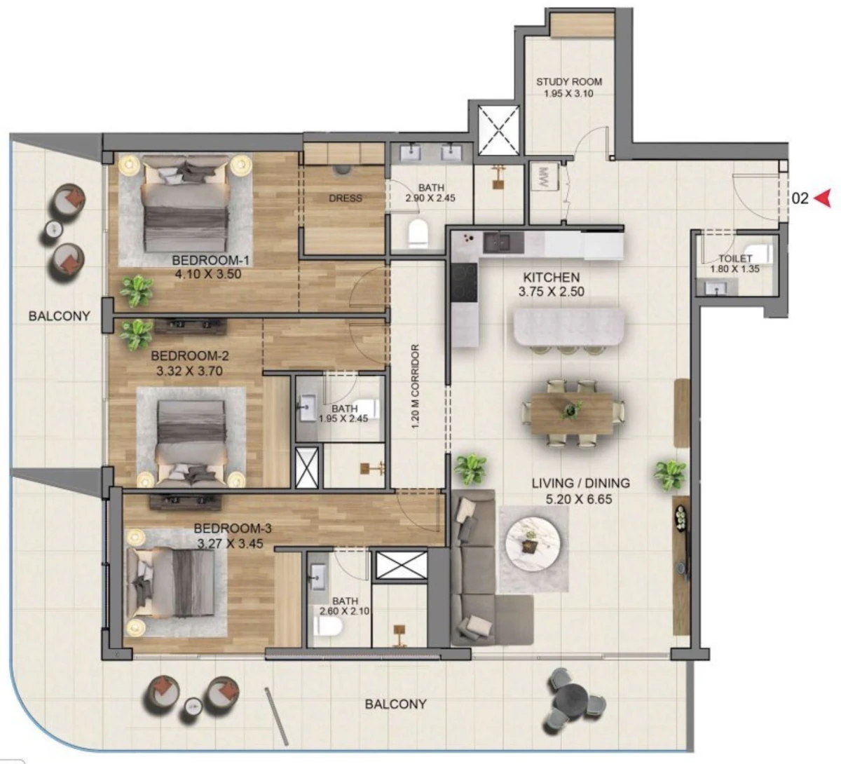 Marriott Residences JLT 3BR 間取り図