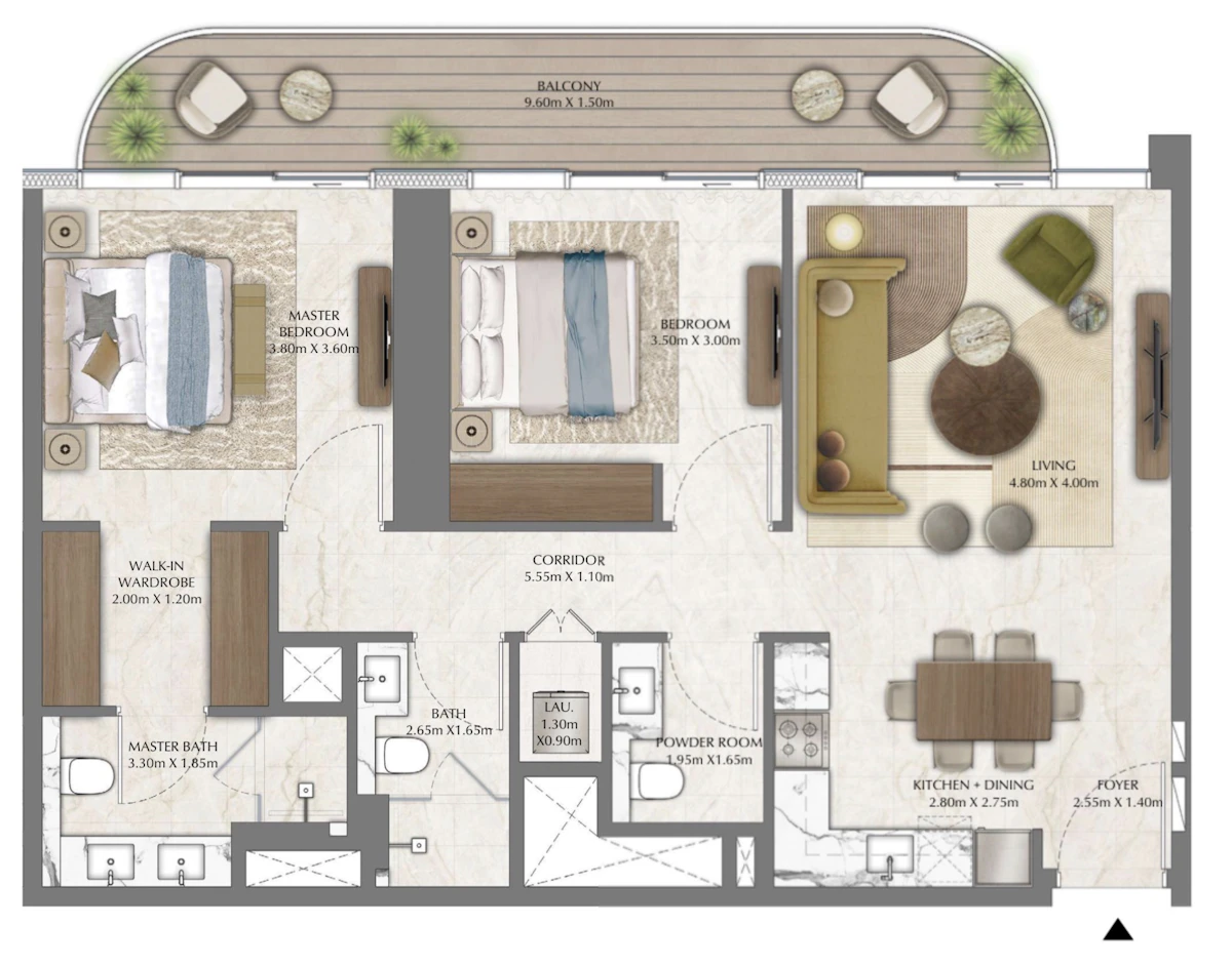 Address Zabeel 2BR（高層階） 間取り図