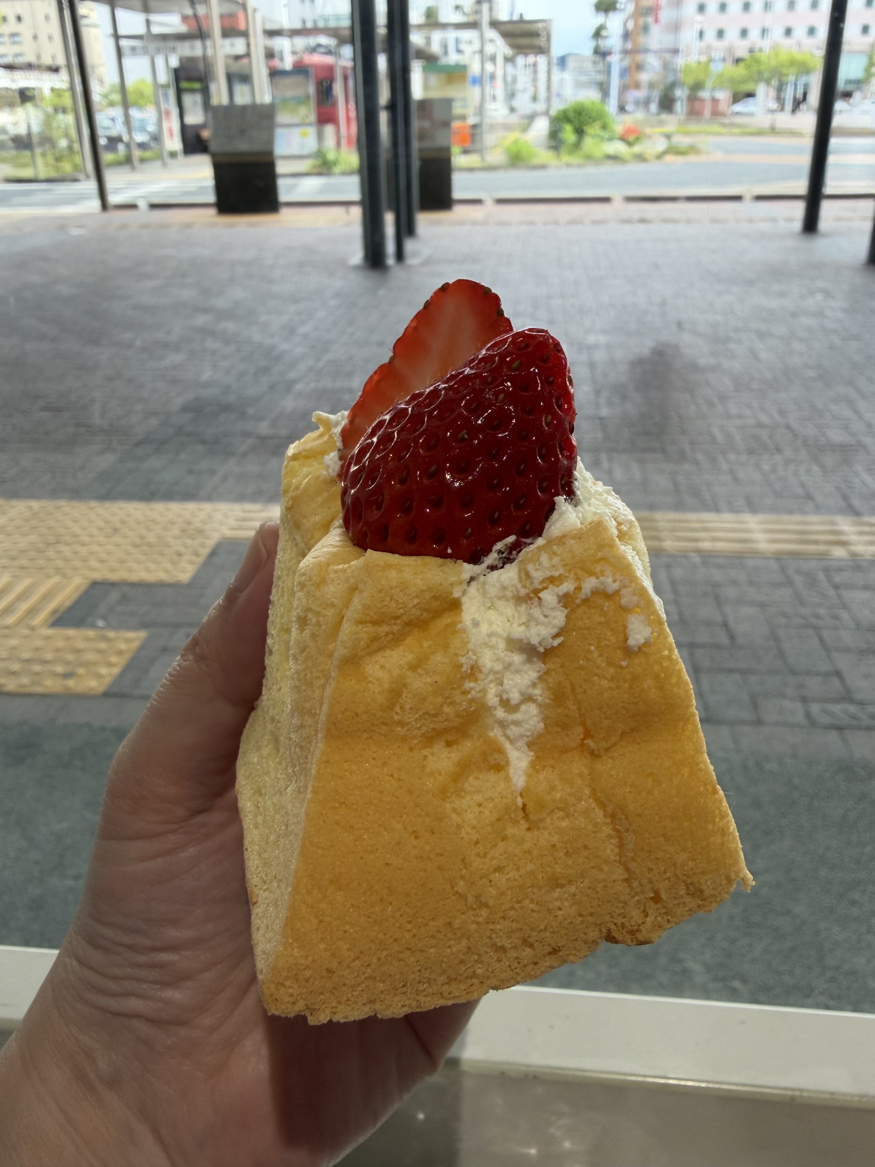 高知駅の待合室で食べたシフォンケーキ