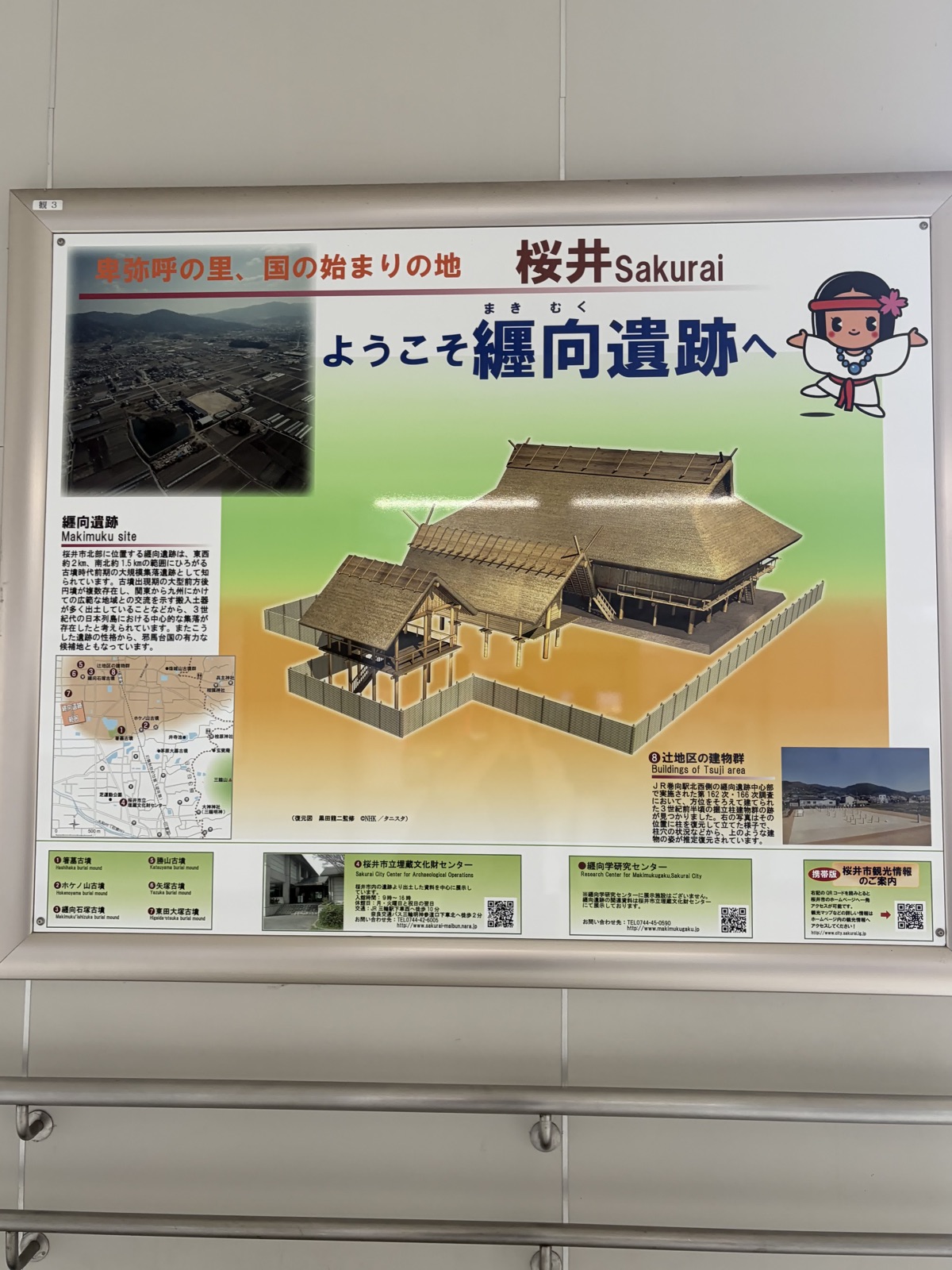 「卑弥呼の里、国の始まりの地 桜井」「ようこそ纒向遺跡へ」の案内板。復元建物のイラストと周辺の地図が載る