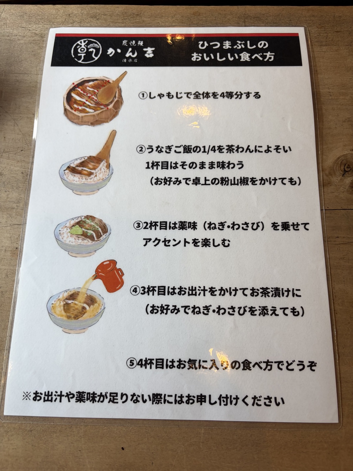 卓上に置かれた「ひつまぶしのおいしい食べ方」の説明シート