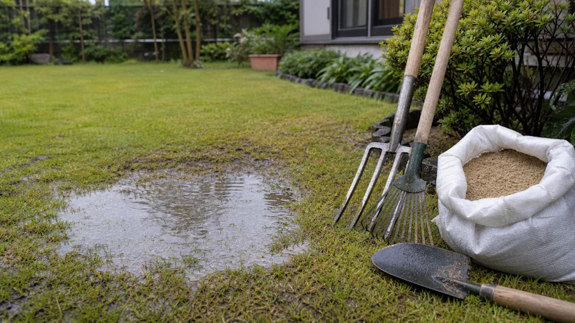 芝生の水はけを改善する方法|ぬかるむ庭の直し方