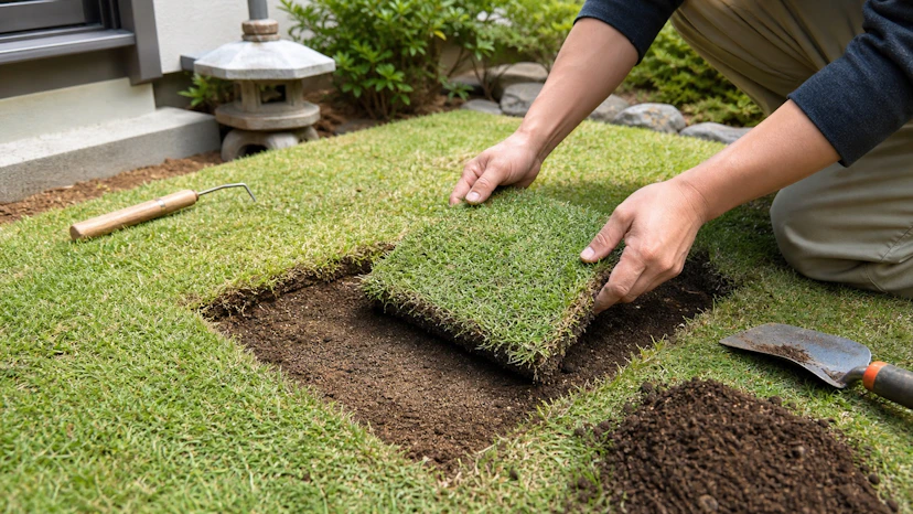 黄変した部分に限定して芝生を小さく補修する作業