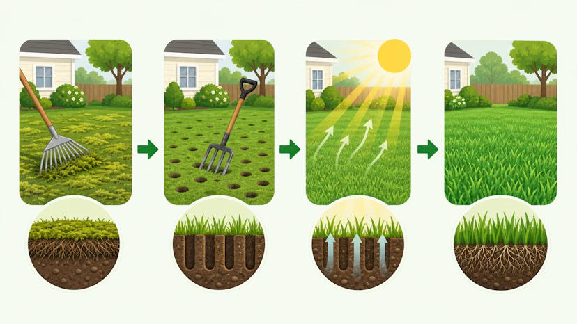 レーキで苔を取り除き、穴あけと日当たり改善で芝を回復させる手順のイラスト