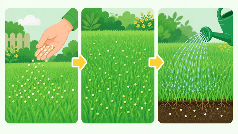 秋の芝生の肥料（お礼肥）｜時期と注意点：秋の肥料を失敗しにくくする4つの手順を示す画像