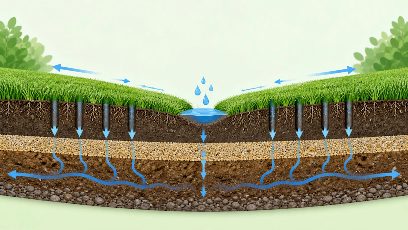 芝生の傾斜と土中の透水層による排水のイメージ図