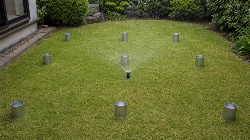 芝生の散水範囲に同じ容器を並べて水の量を比べる様子