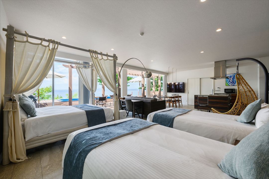 沖縄県うるま市50〜100㎡ (15〜30坪)の店舗(宿泊施設)のユニットハウス・プレハブ・コンテナハウス、内観 客室 ベッド