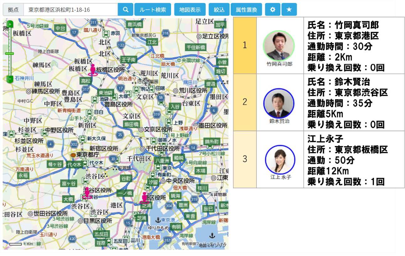 拠点マップ機能 店舗や支社から社員の自宅までの通勤時間を自動算出 スキルや経歴に加え 通勤時間を考慮した科学的な人材配置が可能に タレントパレットお知らせ 科学的人事を実現するタレントマネジメントシステム